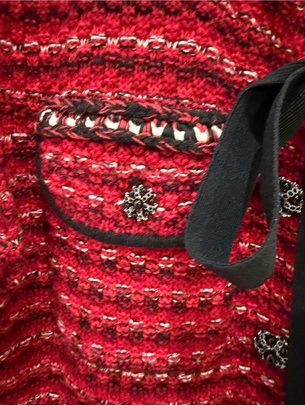 Self-Portrait Red Tweed Wool Long-Sleeve Mini Dress with Black Bow - Picture 3 of 6